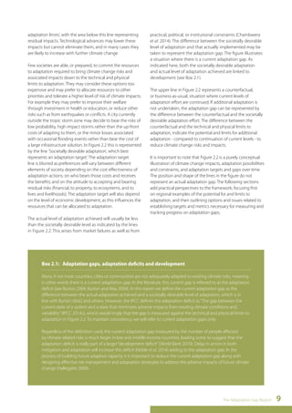 The Adaptation Gap Report 9 
adaptation limits', with the area below this line representing 
residual impacts. Technological advances may lower these 
impacts but cannot eliminate them, and in many cases they 
are likely to increase with further climate change. 
Few societies are able, or prepared, to commit the resources 
to adaptation required to bring climate change risks and 
associated impacts down to the technical and physical 
limits to adaptation. They may consider these options too 
expensive and may prefer to allocate resources to other 
priorities and tolerate a higher level of risk of climate impacts. 
For example they may prefer to improve their welfare 
through investment in health or education, or reduce other 
risks such as from earthquakes or conflicts. A city currently 
outside the tropic storm zone may decide to bear the risks of 
low probability, high impact storms rather than the up-front 
costs of adapting to them, or the minor losses associated 
with occasional flooding events rather than bear the cost of 
a large infrastructure solution. In Figure 2.2 this is represented 
by the line 'Societally desirable adaptation', which best 
represents an ‘adaptation target’. The adaptation target 
line is blurred as preferences will vary between different 
elements of society depending on the cost effectiveness of 
adaptation actions; on who bears those costs and receives 
the benefits; and on the attitude to accepting and bearing 
residual risks (financial, to property, to ecosystems, and to 
lives and livelihoods). The adaptation target will also depend 
on the level of economic development, as this influences the 
resources that can be allocated to adaptation. 
The actual level of adaptation achieved will usually be less 
than the societally desirable level as indicated by the lines 
in Figure 2.2. This arises from market failures as well as from 
practical, political, or institutional constraints (Chambwera 
et al. 2014). The difference between the societally desirable 
level of adaptation and that actually implemented may be 
taken to represent the adaptation gap. The figure illustrates 
a situation where there is a current adaptation gap. As 
indicated here, both the societally desirable adaptation 
and actual level of adaptation achieved are linked to 
development (see Box 2.1). 
The upper line in Figure 2.2 represents a counterfactual, 
or business-as-usual, situation where current levels of 
adaptation effort are continued. If additional adaptation is 
not undertaken, the adaptation gap can be represented by 
the difference between the counterfactual and the societally 
desirable adaptation effort. The difference between the 
counterfactual and the technical and physical limits to 
adaptation, indicate the potential and limits for additional 
adaptation - compared to continuation of current levels - to 
reduce climate change risks and impacts. 
It is important to note that Figure 2.2 is a purely conceptual 
illustration of climate change impacts, adaptation possibilities 
and constraints, and adaptation targets and gaps over time. 
The position and shape of the lines in the figure do not 
represent an actual adaptation gap. The following sections 
add practical perspectives to the framework, focusing first 
on regional examples of the potential for and limits to 
adaptation, and then outlining options and issues related to 
establishing targets and metrics necessary for measuring and 
tracking progress on adaptation gaps. 
Box 2.1: Adaptation gaps, adaptation deficits and development 
Many, if not most countries, cities or communities are not adequately adapted to existing climate risks, meaning 
in other words there is a current adaptation gap. In the literature, this current gap is referred to as the adaptation 
deficit (see Burton 2004, Burton and May 2004). In this report we define the current adaptation gap as the 
difference between the actual adaptation achieved and a societally desirable level of adaptation, which is in 
line with Burton (ibid.) and others. However, the IPCC defines the adaptation deficit as “The gap between the 
current state of a system and a state that minimizes adverse impacts from existing climate conditions and 
variability” (IPCC 2014c), which would imply that the gap is measured against the technical and physical limits to 
adaptation in Figure 2.2. To maintain consistency, we will refer to current adaptation gaps only. 
Regardless of the definition used, the current adaptation gap measured by the number of people affected 
by climate related risks is much larger in low and middle income countries, leading some to suggest that the 
adaptation deficit is really part of a larger “development deficit” (World Bank 2010). Delay in action in both 
mitigation and adaptation will increase this deficit (Noble et al. 2014) adding to the adaptation gap. In the 
process of building future adaptive capacity it is important to reduce the current adaptation gap along with 
designing effective risk management and adaptation strategies to address the adverse impacts of future climate 
change (Hallegatte 2009). 
 