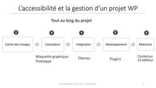 6Meetup WPParis 28 avril 2017 - Claire Bizingre
Contenus
et éditeurPluginsThèmesMaquette graphique
Prototype
Cahier des charges Conception Intégration Développement Rédaction
Tout au long du projet
L’accessibilité et la gestion d’un projet WP
 