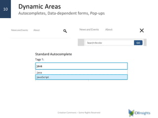 Dynamic Areas
Autocompletes, Data-dependent forms, Pop-ups
› Functionality like autocomplete, typeahead search
/ results, data-driven forms are popping up across
sites.
Creative Commons – Some Rights Reserved
10
 