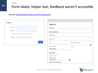 DEMO
Form labels, helper text, feedback weren’t accessible
Example: https://kwalser.wufoo.com/forms/applicant/
Creative Commons – Some Rights Reserved
20
 