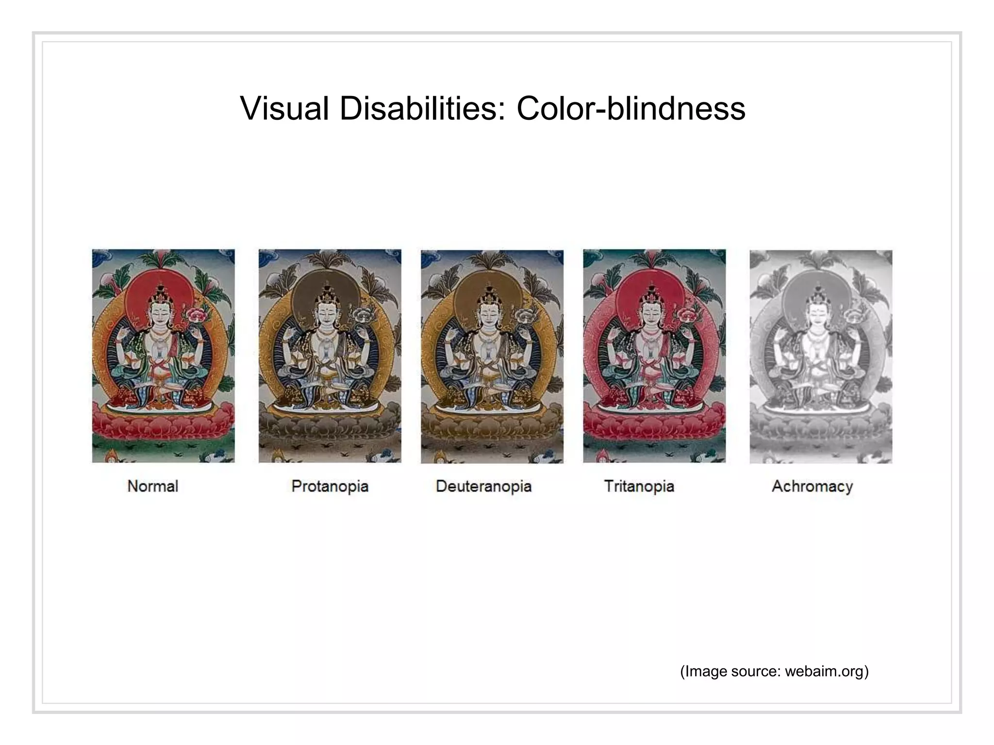 (Image source: webaim.org)
Visual Disabilities: Color-blindness
 