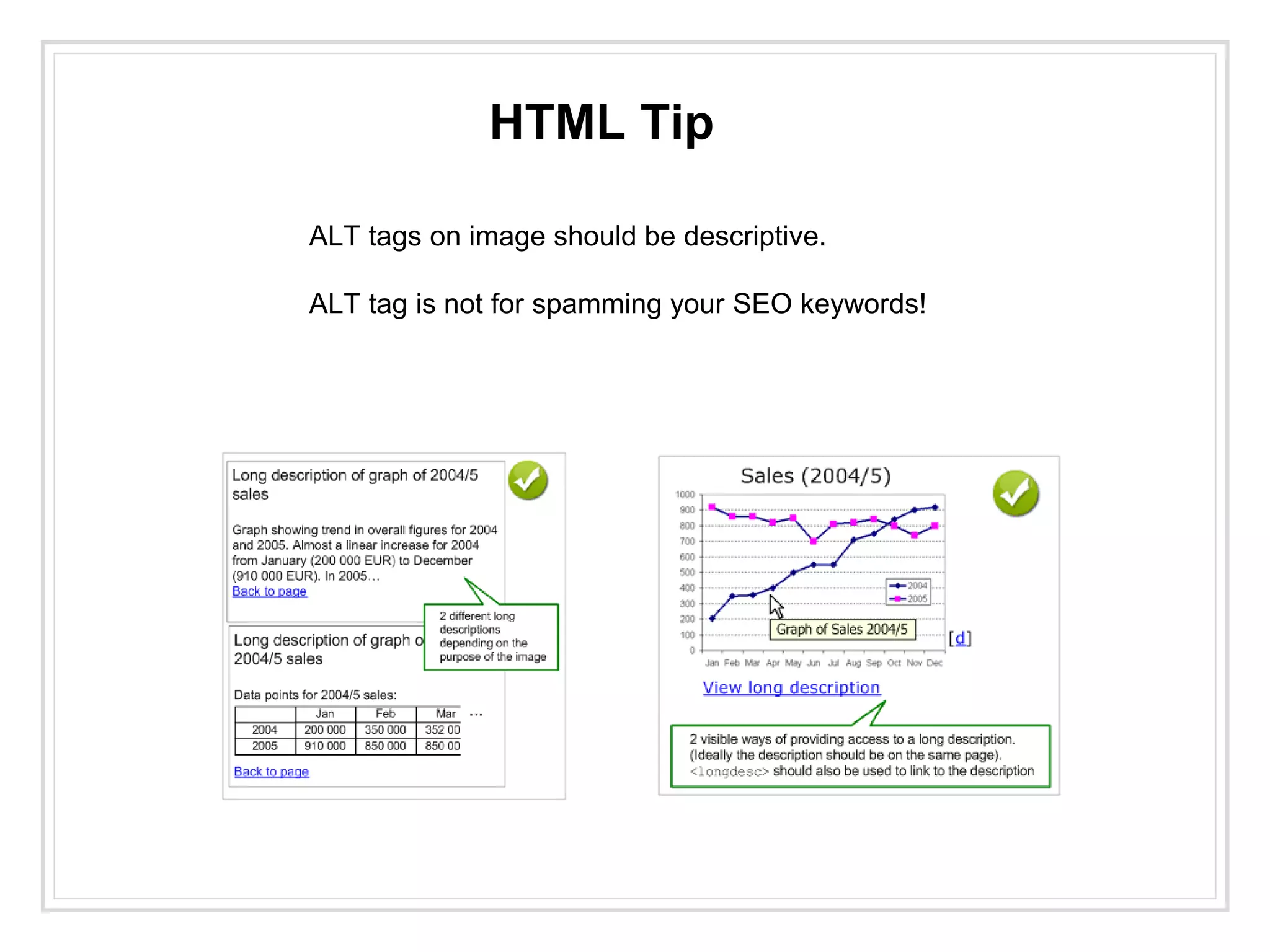HTML Tip
ALT tags on image should be descriptive.
ALT tag is not for spamming your SEO keywords!
 