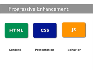 Progressive Enhancement


HTML         CSS           JS



Content   Presentation   Behavior
 
