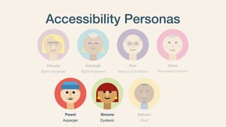 Accessibility Personas
Pawel
Asperger
Simone
Dyslexic
Saleem
Deaf
Ashleigh
Sight Impaired
Ron
Various Conditions
Chris
Rheumatoid ArthritisSight Impaired
Claudia
 