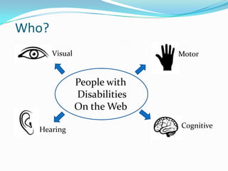 Who?
       Visual                  Motor


                People with
                Disabilities
                On the Web
                               Cognitive
  Hearing
 