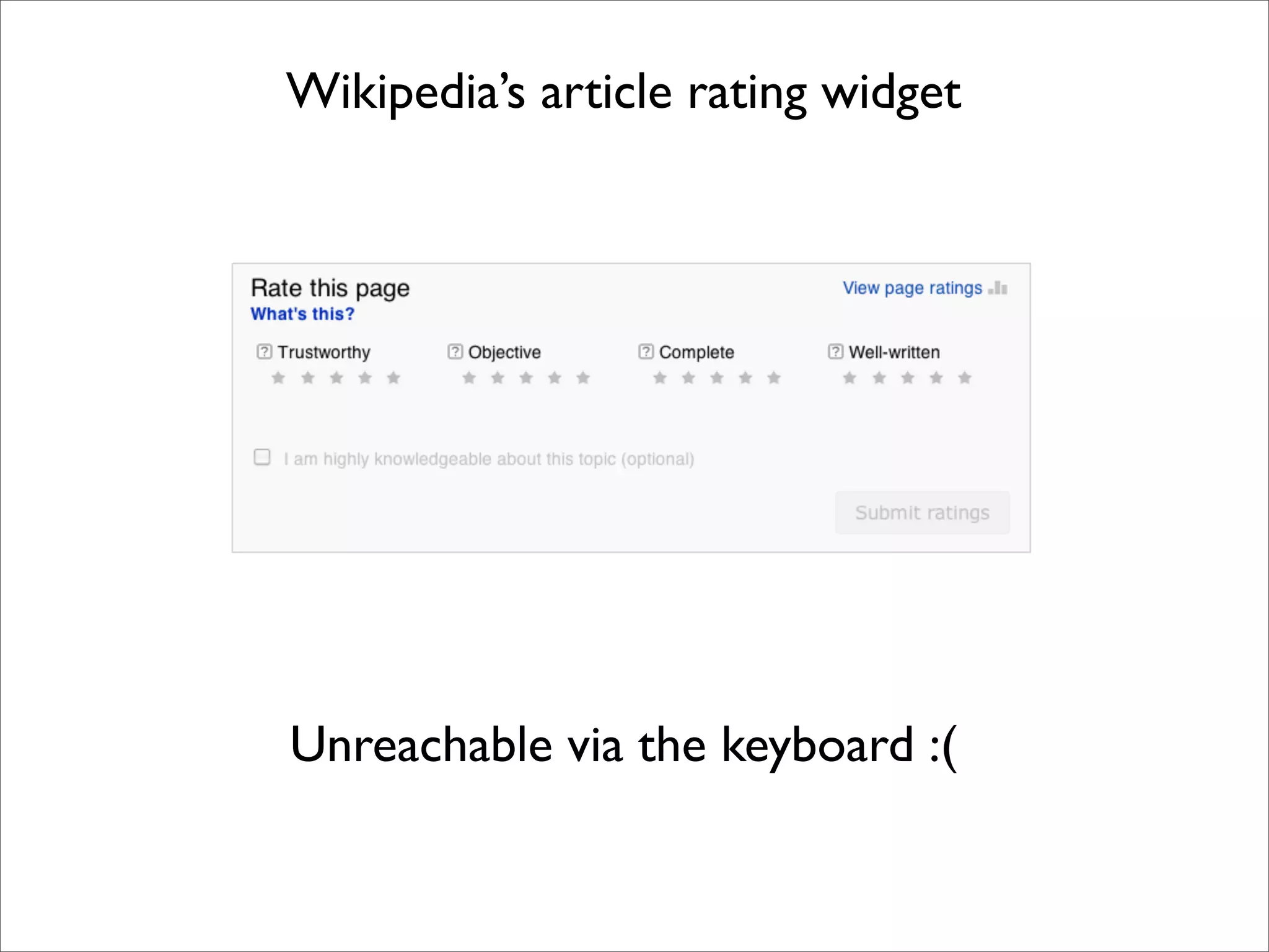 Wikipedia’s article rating widget




Unreachable via the keyboard :(
 
