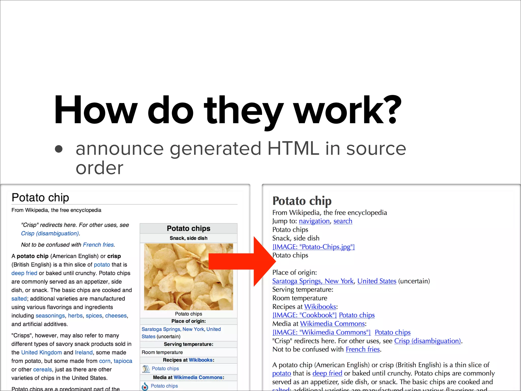 How do they work?

• announce generated HTML in source
order

 