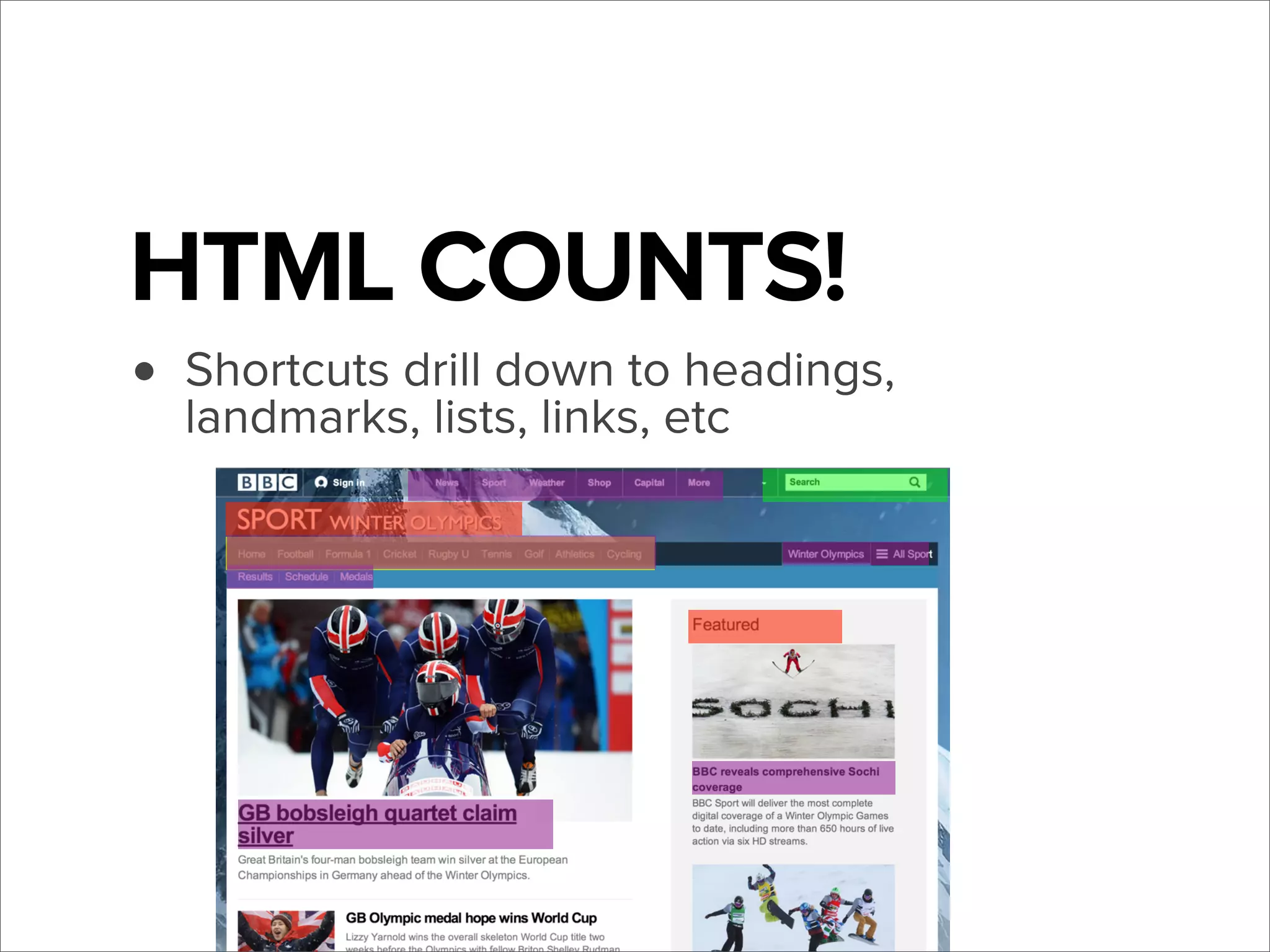 HTML COUNTS!
headings,
• Shortcuts drill down toetc
landmarks, lists, links,

 