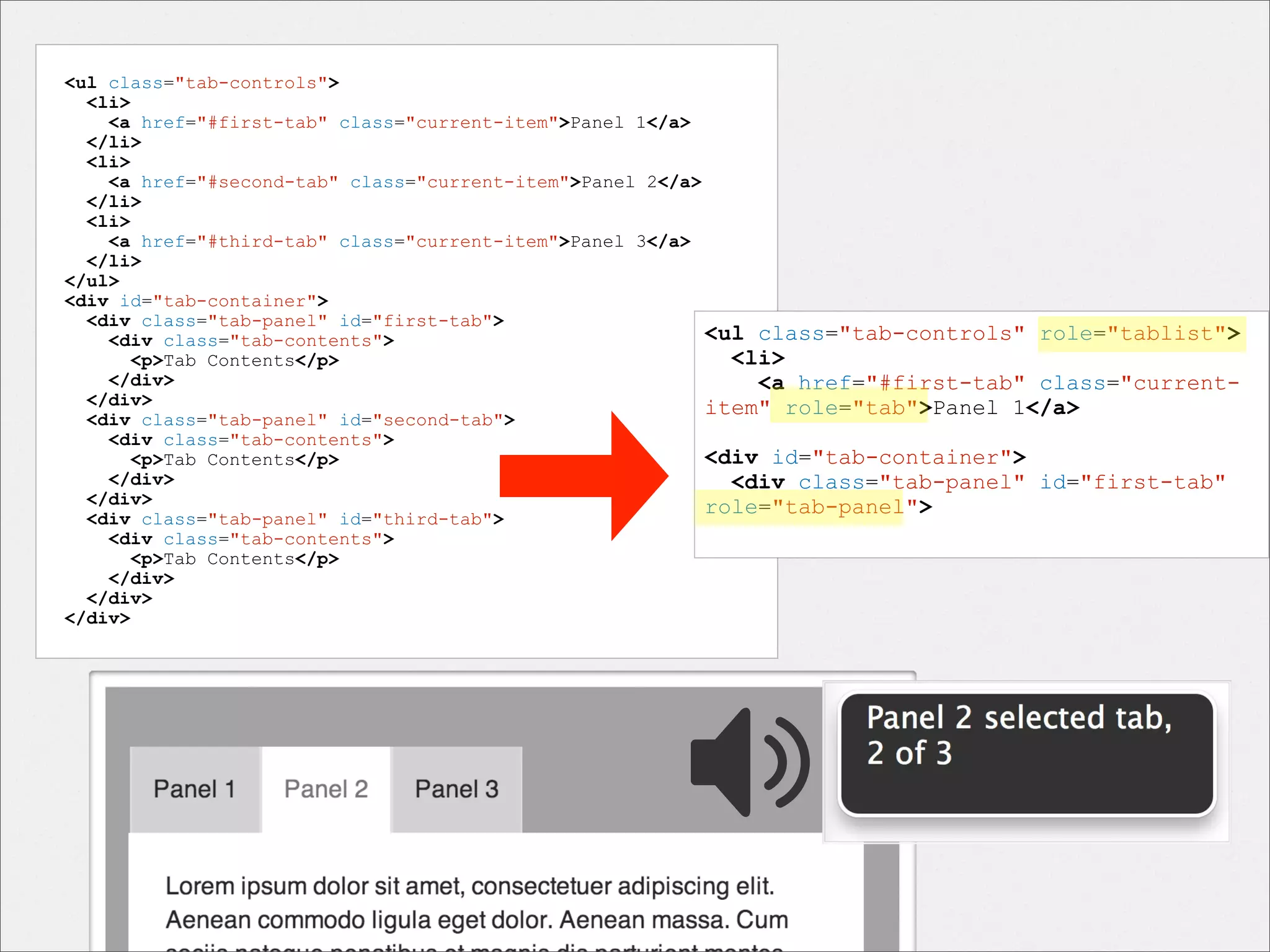 <ul class="tab-controls">
<li>
<a href="#first-tab" class="current-item">Panel 1</a>
</li>
<li>
<a href="#second-tab" class="current-item">Panel 2</a>
</li>
<li>
<a href="#third-tab" class="current-item">Panel 3</a>
</li>
</ul>
<div id="tab-container">
<div class="tab-panel" id="first-tab">
<ul class="tab-controls" role="tablist">
<div class="tab-contents">
<li>
<p>Tab Contents</p>
</div>
<a href="#first-tab" class="current</div>
item" role="tab">Panel 1</a>
<div class="tab-panel" id="second-tab">
<div class="tab-contents">
<div id="tab-container">
<p>Tab Contents</p>
</div>
<div class="tab-panel" id="first-tab"
</div>
role="tab-panel">
<div class="tab-panel" id="third-tab">
<div class="tab-contents">
<p>Tab Contents</p>
</div>
</div>
</div>

???

 