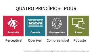 QUATRO PRINCÍPIOS - POUR
Fonte: https://www.mightybytes.com/what-we-do/digital-marketing-optimization-services/website-accessibility-services/
Perceptível Operável Compreensível Robusto
 