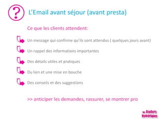 L’Email avant séjour (avant presta)
Ce que les clients attendent:
Un message qui confirme qu’ils sont attendus ( quelques jours avant)
Un rappel des informations importantes
Des détails utiles et pratiques
Du lien et une mise en bouche
Des conseils et des suggestions
>> anticiper les demandes, rassurer, se montrer pro
 