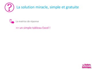 La solution miracle, simple et gratuite
La matrice de réponse
>> un simple tableau Excel !
 