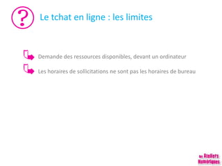 Le tchat en ligne : les limites
Demande des ressources disponibles, devant un ordinateur
Les horaires de sollicitations ne sont pas les horaires de bureau
 