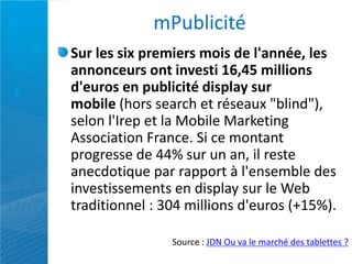 mPublicité
Sur les six premiers mois de l'année, les
annonceurs ont investi 16,45 millions
d'euros en publicité display sur
mobile (hors search et réseaux "blind"),
selon l'Irep et la Mobile Marketing
Association France. Si ce montant
progresse de 44% sur un an, il reste
anecdotique par rapport à l'ensemble des
investissements en display sur le Web
traditionnel : 304 millions d'euros (+15%).

                Source : JDN Ou va le marché des tablettes ?
 