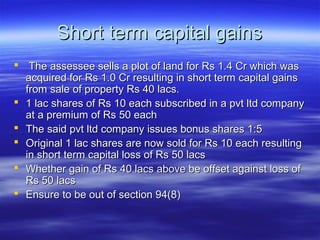 Short term capital gains
 The assessee sells a plot of land for Rs 1.4 Cr which was
  acquired for Rs 1.0 Cr resulting in short term capital gains
  from sale of property Rs 40 lacs.
 1 lac shares of Rs 10 each subscribed in a pvt ltd company
  at a premium of Rs 50 each
 The said pvt ltd company issues bonus shares 1:5
 Original 1 lac shares are now sold for Rs 10 each resulting
  in short term capital loss of Rs 50 lacs
 Whether gain of Rs 40 lacs above be offset against loss of
  Rs 50 lacs
 Ensure to be out of section 94(8)
 