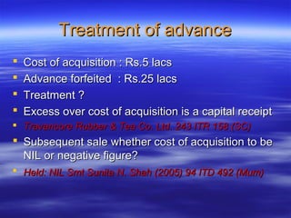 Treatment of advance
   Cost of acquisition : Rs.5 lacs
   Advance forfeited : Rs.25 lacs
   Treatment ?
   Excess over cost of acquisition is a capital receipt
 Travancore Rubber & Tea Co. Ltd. 243 ITR 158 (SC)
 Subsequent sale whether cost of acquisition to be
  NIL or negative figure?
 Held: NIL Smt Sunita N. Shah (2005) 94 ITD 492 (Mum)
 