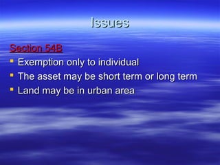 Issues
Section 54B
 Exemption only to individual
 The asset may be short term or long term
 Land may be in urban area
 