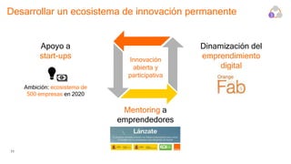 11
Desarrollar un ecosistema de innovación permanente 3
Innovación
abierta y
participativa
Apoyo a
start-ups
Dinamización del
emprendimiento
digital
Mentoring a
emprendedores
Ambición: ecosistema de
500 empresas en 2020
 