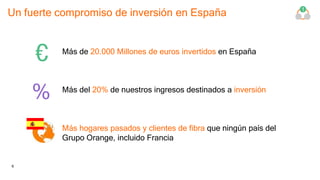 6
Un fuerte compromiso de inversión en España
Más de 20.000 Millones de euros invertidos en España
Más del 20% de nuestros ingresos destinados a inversión
Más hogares pasados y clientes de fibra que ningún país del
Grupo Orange, incluido Francia
€
%
1
 