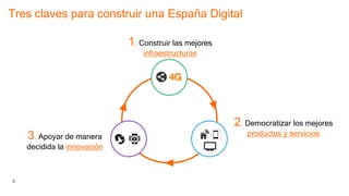 2
Tres claves para construir una España Digital
1. Construir las mejores
infraestructuras
2. Democratizar los mejores
prod...
