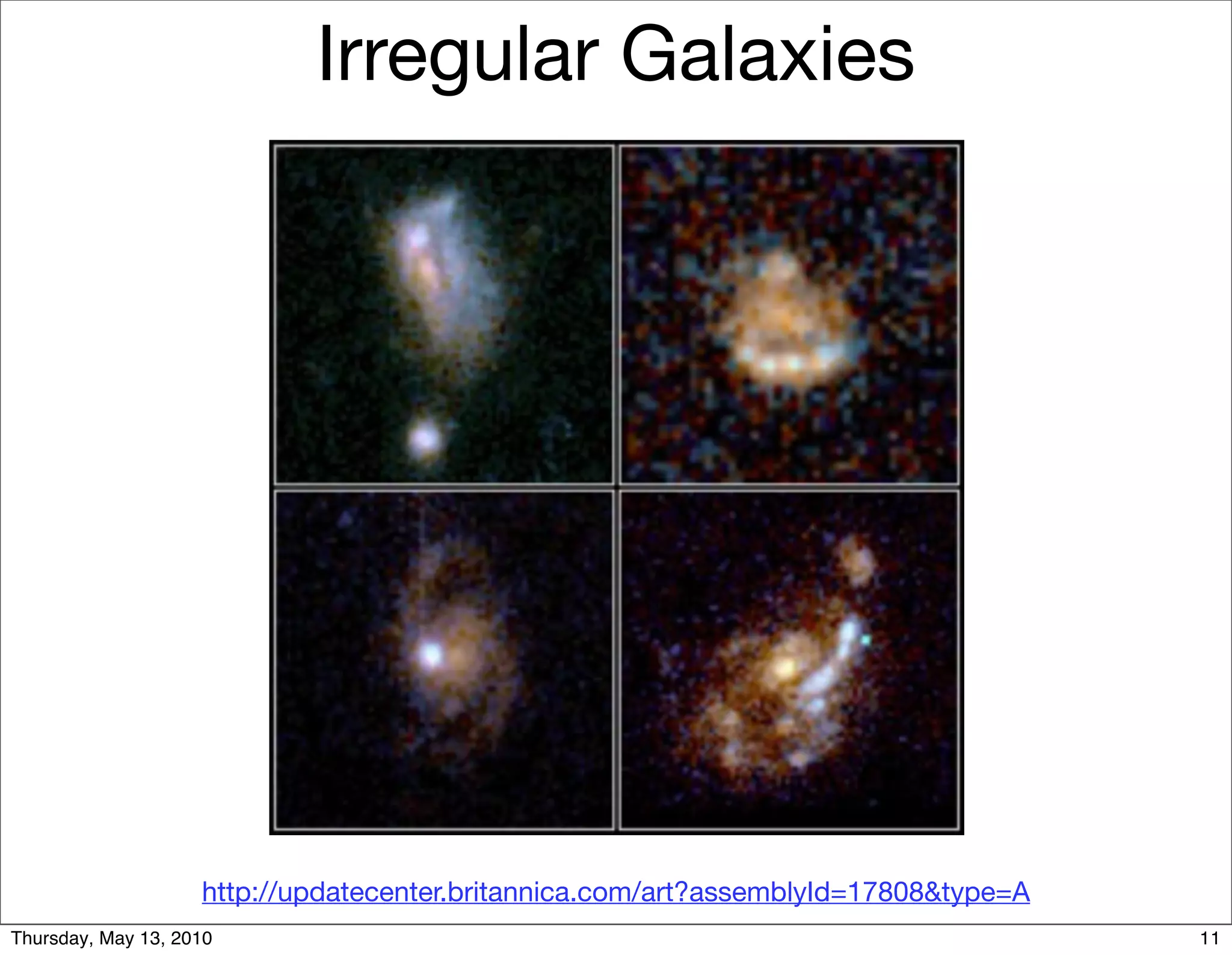 Irregular Galaxies




                    http://updatecenter.britannica.com/art?assemblyId=17808&type=A
Thursday, May 13, 2010                                                               11
 