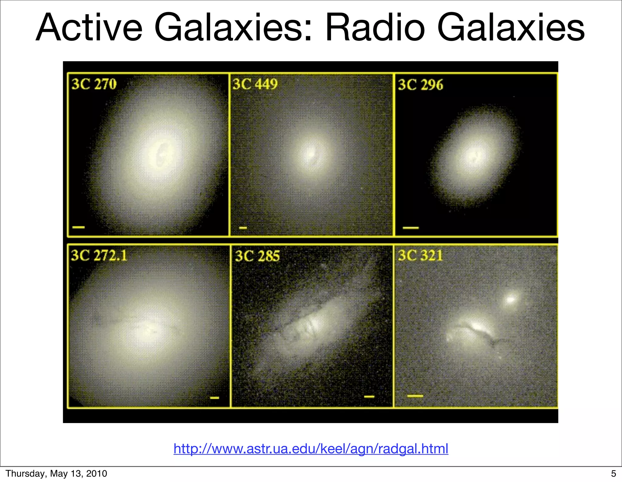 Active Galaxies: Radio Galaxies




                         http://www.astr.ua.edu/keel/agn/radgal.html
Thursday, May 13, 2010                                                 5
 