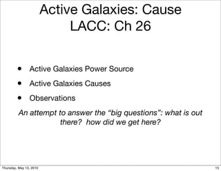 Active Galaxies: Cause
                              LACC: Ch 26


         • Active Galaxies Power Source
         • Active Galaxies Causes
         • Observations
          An attempt to answer the “big questions”: what is out
                      there? how did we get here?




Thursday, May 13, 2010                                            15
 