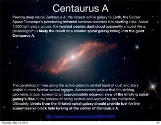 Centaurus A
         Peering deep inside Centaurus A, the closest active galaxy to Earth, the Spitzer
         Space Telescope's penetrating infrared cameras recorded this startling vista. About
         1,000 light-years across, the twisted cosmic dust cloud apparently shaped like a
         parallelogram is likely the result of a smaller spiral galaxy falling into the giant
         Centaurus A.




         The parallelogram lies along the active galaxy's central band of dust and stars
         visible in more familiar optical images. Astronomers believe that the striking
         geometric shape represents an approximately edge-on view of the infalling spiral
         galaxy's disk in the process of being twisted and warped by the interaction.
         Ultimately, debris from the ill-fated spiral galaxy should provide fuel for the
         supermassive black hole lurking at the center of Centaurus A.

                             http://apod.nasa.gov/apod/ap040624.html
Thursday, May 13, 2010                                                                          27
 