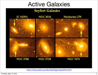 Active Galaxies




                         http://www.astr.ua.edu/keel/agn/seyferts.html
Thursday, May 13, 2010                                                   3
 
