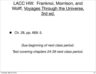 LACC HW: Franknoi, Morrison, and
               Wolff, Voyages Through the Universe,
                              3rd ed.



           •       Ch. 28, pp. 669: 5.


                         Due beginning of next class period.
                Test covering chapters 24-28 next class period.




Thursday, May 20, 2010                                            14
 