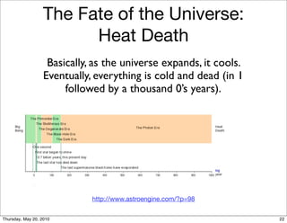 The Fate of the Universe:
                        Heat Death
                    Basically, as the universe expands, it cools.
                   Eventually, everything is cold and dead (in 1
                        followed by a thousand 0’s years).




                              http://www.astroengine.com/?p=98


Thursday, May 20, 2010                                              22
 