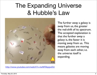 The Expanding Universe
                        & Hubble’s Law
                                                   The further away a galaxy is
                                                   away from us, the greater
                                                   the red-shift of its spectrum.
                                                   The accepted explanation is
                                                   that the further away a
                                                   galaxy is, the faster it is
                                                   moving away from us. This
                                                   means galaxies are moving
                                                   away from each other, i.e.
                                                   the universe itself is
                                                   expanding.
                                            3:52

      http://www.youtube.com/watch?v=IwMFBqzpxDU

Thursday, May 20, 2010                                                              5
 
