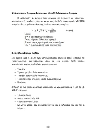 [36]
3.3 Αποστάσεις Αγωγών Φάσεων και Μεταξύ Πυλώνων και Αγωγών
Η απόσταση α, μεταξύ των αγωγών σε περιοχές με κανονικές
ατμοσφαιρικές συνθήκες δίνεται κατά τους διεθνής κανονισμούς VDE0210
στο μέσο δυο σημείων ανάρτησης από την παρακάτω σχέση:
3.4 Ανάλυση Στύλων Σχεδίου
Στο σχέδιο μας η Δ.Ε.Η έχει χρησιμοποιήσει στύλους στους οποίους τα
χαρακτηριστικά αναγράφονται μέσα σε ένα κύκλο. Κάθε στύλος
αποτελείται κυρίως από πέντε χαρακτηριστικά:
 Το ύψος
 Την κατηγορία κιλών του στύλου
 Το είδος κατασκευής του στύλου
 Το επίτονο (αν υπάρχει) και το συρματόσκοινο
 Η γείωση
Δηλαδή σε ένα στύλο εναέριας μεταφοράς με χαρακτηριστικά 11Μ, F21X,
S11, F31 έχουμε
 11μετρα ύψος
 τύπου κατασκευής S11
 F21x επιτονο κολόνας
 Μ6Μ τα μέτρα του συρματόσκοινου και η ευλυγισία του και F31 η
γείωση.
 