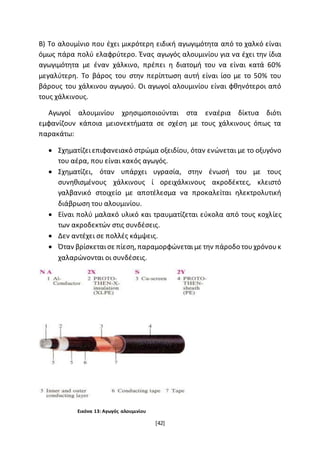 [42]
Β) Το αλουμίνιο που έχει μικρότερη ειδική αγωγιμότητα από το χαλκό είναι
όμως πάρα πολύ ελαφρύτερο. Ένας αγωγός αλουμινίου για να έχει την ίδια
αγωγιμότητα με έναν χάλκινο, πρέπει η διατομή του να είναι κατά 60%
μεγαλύτερη. Το βάρος του στην περίπτωση αυτή είναι ίσο με το 50% του
βάρους του χάλκινου αγωγού. Οι αγωγοί αλουμινίου είναι φθηνότεροι από
τους χάλκινους.
Αγωγοί αλουμινίου χρησιμοποιούνται στα εναέρια δίκτυα διότι
εμφανίζουν κάποια μειονεκτήματα σε σχέση με τους χάλκινους όπως τα
παρακάτω:
 Σχηματίζειεπιφανειακό στρώμα οξειδίου, όταν ενώνεται με το οξυγόνο
του αέρα, που είναι κακός αγωγός.
 Σχηματίζει, όταν υπάρχει υγρασία, στην ένωσή του με τους
συνηθισμένους χάλκινους ί ορειχάλκινους ακροδέκτες, κλειστό
γαλβανικό στοιχείο με αποτέλεσμα να προκαλείται ηλεκτρολυτική
διάβρωση του αλουμινίου.
 Είναι πολύ μαλακό υλικό και τραυματίζεται εύκολα από τους κοχλίες
των ακροδεκτών στις συνδέσεις.
 Δεν αντέχει σε πολλές κάμψεις.
 Όταν βρίσκεταισε πίεση, παραμορφώνεταιμε την πάροδο τουχρόνουκ
χαλαρώνονται οι συνδέσεις.
Εικόνα 13: Αγωγός αλουμινίου
 