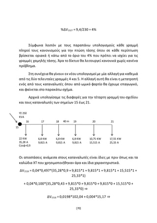 [70]
%ΔV1527 = 9,4/230 = 4%
Σύμφωνα λοιπόν με τους παραπάνω υπολογισμούς κάθε γραμμή
πληροί τους κανονισμούς για την πτώση τάσης όπου σε κάθε περίπτωση
βρίσκεται οριακά ή κάτω από το όριο του 4% που πρέπει να ισχύει για τις
γραμμές χαμηλής τάσης. Άρα το δίκτυο θα λειτουργεί κανονικά χωρίς κανένα
πρόβλημα.
Στη συνέχεια θα γίνουν εκ νέουυπολογισμοίμε μία αλλαγήγια καθεμιά
από τις δύο τελευταίες γραμμές 4 και 5. Η αλλαγή αυτή θα είναι η μετατροπή
ενός από τους καταναλωτές όπου από ωμικό φορτίο θα έχουμε επαγωγικό,
και φαίνεται στο παρακάτω σχήμα.
Αρχικά υπολογίσαμε τις διαφορές για την τέταρτη γραμμή του σχεδίου
και τους καταναλωτές των σημείων 15 έως 21.
Οι αποστάσεις ανάμεσα στους καταναλωτές είναι ίδιες με πριν όπως και τα
καλώδια ΧΤ που χρησιμοποιήθηκαν άρα και ίδια χαρακτηριστικά.
ΔV1516 = 0,04*0,497*(35,28*0,9 + 9,815*1 + 9,815*1 + 9,815*1 + 15,515*1 +
25,33*1)
+ 0,04*0,100*(35,28*0,43 + 9,815*0 + 9,815*0 + 9,815*0 + 15,515*0 +
25,33*0) ⇒
ΔV1516 = 0,0198*102,04 + 0,004*15,17 ⇒
15
ΥΣ 250
KVA
16 17 18 19 20 2140 m
22 KW
35,28 A
Cosφ=0,9
6,8 KW
9,815 A
6,8 KW
9,815 A
6,8 KW
9,815 A
10,75 KW
15,515 A
17,55 KW
25,33 A
 