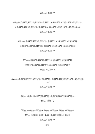 [71]
ΔV1516 = 2,08 V
ΔV1617 = 0,04*0,497*(9,815*1 + 9,815*1 + 9,815*1 + 15,515*1 + 25,33*1)
+ 0,04*0,100*(9,815*0 + 9,815*0 + 9,815*0 + 15,515*0 + 25,33*0) ⇒
ΔV1617 = 1,39 V
ΔV1718 = 0,04*0,497*(9,815*1 + 9,815*1 + 15,515*1 + 25,33*1)
+ 0,04*0,100*(9,815*0 + 9,815*0 + 15,515*0 + 25,33*0) ⇒
ΔV1718 = 1,19 V
ΔV1819 = 0,04*0,497*(9,815*1 + 15,515*1 + 25,33*1)
+ 0,04*0,100*(9,815*0 + 15,515*0 + 25,33*0) ⇒
ΔV1819 = 1,009 V
ΔV1920 = 0,04*0,497*(15,515*1 +25,33*1) +0,04*0,100*(15,515*0 + 25,33*0)
⇒
ΔV1920 = 0,81 V
ΔV2021 = 0,04*0,497*(25,33*1) + 0,04*0,100*(25,33*0) ⇒
ΔV2021 = 0,5 V
ΔV1521 = ΔV1516 + ΔV1617 + ΔV1718 + ΔV1819 + ΔV1920 + ΔV2021 ⇒
ΔV1521 = 2,08 + 1,39 + 1,19 + 1,009 + 0,81 + 0,5 ⇒
ΔV1521 = 6,98 V
 