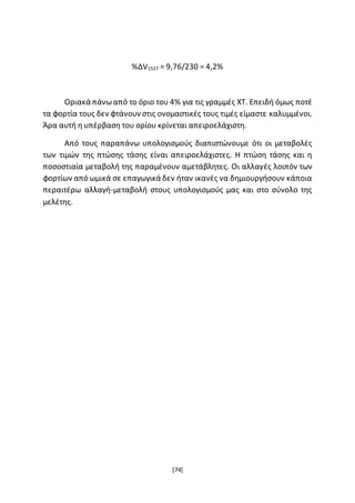 [74]
%ΔV1527 = 9,76/230 = 4,2%
Οριακά πάνωαπό το όριο του 4% για τις γραμμές ΧΤ. Επειδή όμως ποτέ
τα φορτία τους δεν φτάνουν στις ονομαστικές τους τιμές είμαστε καλυμμένοι.
Άρα αυτή η υπέρβαση του ορίου κρίνεται απειροελάχιστη.
Από τους παραπάνω υπολογισμούς διαπιστώνουμε ότι οι μεταβολές
των τιμών της πτώσης τάσης είναι απειροελάχιστες. Η πτώση τάσης και η
ποσοστιαία μεταβολή της παραμένουν αμετάβλητες. Οι αλλαγές λοιπόν των
φορτίων από ωμικά σε επαγωγικά δεν ήταν ικανές να δημιουργήσουν κάποια
περαιτέρω αλλαγή-μεταβολή στους υπολογισμούς μας και στο σύνολο της
μελέτης.
 