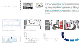 Project for the architectural renewal of an historical shop positioned
in the heart of Milano (piazzale Lodi). The application of the client
was to renew completely the interior design of the shop giving it a
new image, to adjust the plants to the standards and to widen the
sale side adding part of warehouse. The structure of bricks arcs has
become the reading key of the concept of the new project, the arc
has been the generating principle of the inside space planning and
furnitures.
CRE APPLIANCES STORE
RETAIL
2015 / MILANO / PROJECT ARCHITECT
FLOOR PLAN’S TECHNICAL DRAWINGS
WALL’S TECHNICAL DRAWINGS COUNTER’S TECHNICAL DRAWINGS
3D FLOOR PLAN’S REPRESENTATION 3D INSIDE VIEW
CRE APPLIANCES STORE
RETAIL
2015 / MILANO / PROJECT ARCHITECT
 