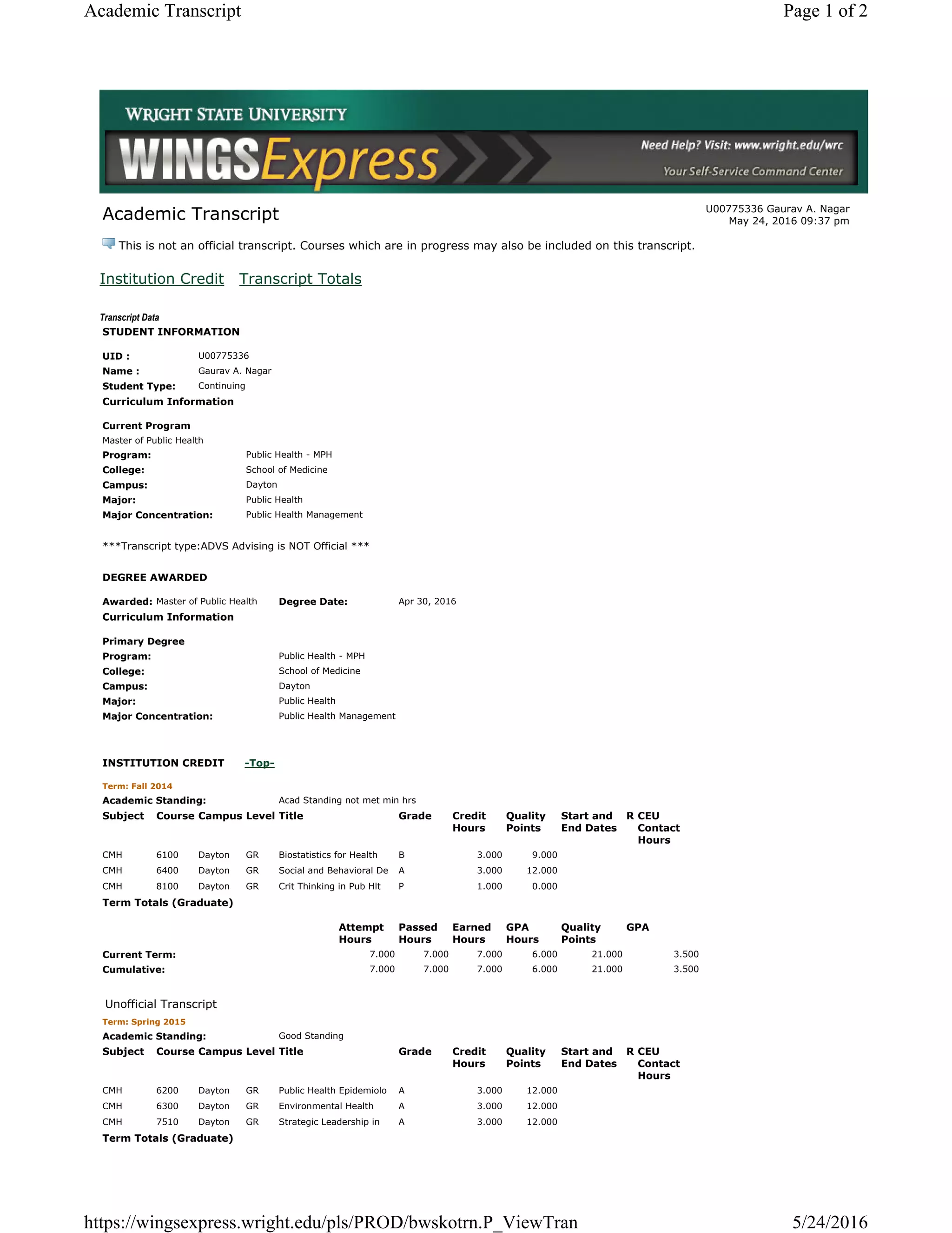 MPH Transcript | PDF