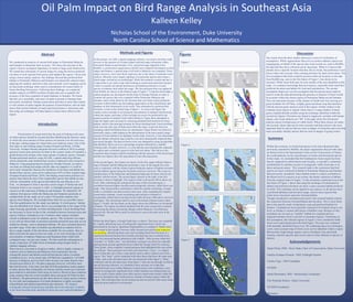 RESEARCH POSTER PRESENTATION DESIGN © 2012
www.PosterPresentations.com
We conducted an analysis of current bird ranges in Peninsular Malaysia
and Sumatra to determine their accuracy. We chose this area due to the
region’s known ecological importance as home to large-scale biodiversity.
We started the refinement of current ranges by using the known preferred
elevation of each regional bird species and updated the region’s forest area
using a forest canopy analysis. Our findings showed that preferred bird
habitat in Peninsular Malaysia and Sumatra was drastically reduced when
applying this method, and shows that such minimal vector mapping can be
an inaccurate technique when used in consideration for conservation of
forest-dwelling bird species. Following these findings, we conducted
another analysis on RSPO-certified oil palm data sets to quantify the
accuracy of the best-compiled oil palm database in Sumatra. We found
that this set is unreliable, and more oil palm is present in Sumatra than
previously considered. Setting conservation priorities in areas that contain
or will contain oil palm negates the purpose of prioritization, and our data
shows that current methods of analyzing bird presence is inaccurate and
that using our technique will help improve conservation efforts in the
region.
Abstract
Introduction
In this project, Arc-GIS, a spatial mapping software, was used to develop visual
answers to the question of oil palm impact and bird range refinement within
Peninsular Malaysia and Sumatra. First, using bird range shapefiles from
Birdlife, a conservation organization with the most compiled information on bird
ranges and features, a general map of all birds in Malaysia was compiled. These
ranges, however, were most likely imprecise due to the nature of minimal-vector
analysis. Minimal vector targets sightings of a particular species and creates a
literal shape verified by an ornithologist. While this method is useful and fast, it
is inaccurate to use such a map when looking at conservation priorities because
it fails to consider elevational preferences and habitat preferences of each
species of endemic bird within the range. The first polygons that were gathered
from birdlife are shown in the leftmost map of Figure 1. Using this knowledge, a
python program was developed with the help of Ocampo-Penuela in order to
examine the species that were compiled within Peninsular Malaysia and
Sumatra, and to refine them by the elevation that was listed as their preferred
elevation within birdlife.org, the leading organization on the classification and
database on bird information in the world. This refinement by preferred bird
elevation is seen in the central map of figure 1. As seen in the figure, the
warmer colors correlate to an increased concentration of endemic bird diversity
within the region, and many of the lowlands are seen to be preferred by the
greatest amount of endemic birds within Malaysia. Figure three attempted to
make the figure more accurate by restricing potetntial bird locations by forest
habitat, which is the principal location for forest dwelling birds. Forest dwelling
birds were the only type of birds used within the study, to prevent from not
including viable bird habitat from our information. Figure threen was shown to
drastically reduce viable habitat as the deforestation in the area caused a large
amount of forest habitat to be depleted. In this study, however, it was determined
that the habitat refinement map could be even more dramatically impacted than
previously thought. The data on forest cover was obtained by using an algorithm
that identifies forest cover as a percentage of green reflected by a satellite
orbiting earth. Oil palm, however, is a crop that has most dramatically impacted
the region and is extremely green in color and very dense. This led us to the
conclusion that oil palm could be interfering with the accuracy of the forest layer
and the next figures show the steps taken to solve this inaccuracy.
In the second figure, four frames are shown. In the first, upper leftmost frame a
map of Sumatra and the Malaysian peninsula is seen. In the legend, the color
scale is explained, with the whitest regions being the regions of highest elevation
and the darkest regions being the elevations closest to sea level. This is just toi
familiarization of the Malaysian and Sumatran landscape for those who are not
familiar with the terrain. The second figure, directly to the right, is the first
elevation I chose to highlight. This region in blue is all terrain 300 m above sea
level. After confirming the ecological relevance of this forested region, a
correlation between higher elevation and ecologically relevant, viable forest was
made. After doing further confirmation within the satellite technology, Google
Earth, a correlation was discovered in more area. After expanding the original,
conservative estimate, a more enveloping and conclusive estimate of
elevationally related forest was discovered within all areas 100m above sea level
and higher. This elevational cutoff is seen in the bottom leftmost frame within
figure 2. Finally, the last frame on this figure shows the difference in elevational
estimates. The region was almost doubled from the more conservative estimate,
showcasing the drastic elevational changes within Malaysia. The difference
between the 100 and 300 m cutoff in elevation is seen in the pink color in the
final frame.
Within the third figure, a Google Earth layer is shown. This layer was compiled
by visually identifying areas of ecologically significant forest, which was
determined by having no significant fragmentation or cropland A “buffer zone”
was created at the boundry between viable forested area and human-impacted
surroundings. Identifying these areas and excluding them from the layer is a
significant decision because this excludes area that may have overhead forest
cover but increased human interaction with wildlife.. After an area within this
“boundry” or “buffer zone” was identified, a polygon was drawn by manually
placing points around significant forest within the Google Earth Pro software.
These points, when compiled, created polygons that highlighted this area within
the software. These polygons were then converted into a “layer,” or a digital
sheet of data that can overlay a map and be used to add or subtract area from a
region. This “layer” can be combined with other layers that show the same type
of data, such as the elevation layer that was discussed within figure 2. When
combined with the elevation layer from figure 2 that was run through ArcGIS (a
spacial layering software), we compiled a more accurate set of data that
identified forest cover within Malaysia.As these layers were combined, a new
dataset of ecologically significant forest within Sumatra was obtained and can
now be used in future studies from other species conservatoin studies within the
region to disciplinest that would need an estimate of human impact within the
region. This technique that was developed can also be used for other areas where
a percent green analysis is not accurate.
Methods and Figures
Figure 1
Figure 2
Figure 3
Discussion
Our results from the three studies showcase a series of verification of
assumptions. While organizations that serve to protect endemic species are
campaigning on behalf of the species they keep records on, such as Birdlife,
the data that they have collected can be inaccurate. While it is known that
animals have a specific location that they like to reside, this preference is not
always taken into account when creating priorities for land conservation. The
first assumption that birds would be present within all locations in the data
from Birdlife.org, seen in the first frame of Figure 1, has shown to be
incorrect. While some birds may be seen outside of the area identified in this
study, it is common knowledge that most species, especially birds need their
preferred elevation and habitat for food and reproduction. The second
assumption disproven was the assumption that the percent green analysis
used to create the data determining the presence or absence of forest would
be accurate within the chosen region of Peninsular Malaysia and Sumatra.
This was inaccurate because of the climate of South East Asia serving as a
good incubator for Oil Palm, a highly green and dense crop that interferes
with the percent green analysis used in this region. Further studies in the
southeast asian region or regions where there is a large number of dense
green cropland should consider using the technique identified within the
second two figures. Elevation was found to negatively correlate with human
impact, and visual analysis can “fill” in the gaps where the elevational
analysis misses lowland areas of viable forest. When these factors are taken
into account, future data can be more accurate and help conserve the most
important land for species that are most in danger of extinction and even help
more accurately identify species that are most in danger of going extinct.
Summary
Within this research, we found bird species to be more threatened than
previously assumed by Birdlife, the major organization that provides data
on threat levels to the International Union on the Conservation of Nature,
the world authority on the classification of extinct and threatened species.
In this study, we concluded that the Southeastern Asian region has been
heavily impacted by deforestation and oil palm, a crop that is commonly
misidentified by satellites as part of ecologically viable forest due to its
dense and green nature. This research leads to the conclusion that bird
species are more restricted in habitat in Peninsular Malaysia and Sumatra
than previously considered. Since habitat extent is a direct correlation to
the threat level of a species to go extinct, the drastic reduction of habitat
from the original frame in Figure 1 to the extremely constricted area in the
last frame of Figure 1 shows that using the technique of refinement by
habitat and preferred elevation can show a more accurate habitat preferred
by birds. This technique can be applied to any species, as all species have
a preferred habitat(s) and elevation range, such as insect species that
prefer lower elevations and more forested habitat.
Though considered a correlation previously, this research helped confirm
the connection between forested habitat and elevation. This is most likely
due to the specific needs of plantation crops and preferred habitat for
humans. Croplands are most generally required to be located closer to sea
level, as climate is warmer and fosters a healthier crop. Because of this,
mountains are not seen as “suitable” habitat for cropland and less
impacted montane forest is present in mountain regions. Continuing on
this assumption, the selected regions in Figure 2 were considered viable
forest cover and transferred to the third figure. This area was combined
with manually identified forest cover. By combining these two techniques,
a new, more accurate map of forest cover can be identified within a region
that has had a high human impact, such as Southeast Asia and South
America, and this specific data can be used to refine habitats of species of
interest.
Acknowledgements
Stuart Pimm, PhD - Doris Duke Chair of Conservation, Duke University
Natalia Ocampo-Penuela - PhD, Fulbright Scholar
Varsha Vijay - PhD Candidate
NCSSM
Sarah Shoemaker, PhD - Mentorship Coordinator
The Nicholas School - Duke University
NCSSM Foundation
Monsanto
Prioritization of conservation has the goal of looking at all areas
of where species should be located and then identifying the fraction areas
in which the most amount of these species are present over the total area..
In the past, refining ranges for conservation was relatively scarce. One of the
first teams to start refining ranges Ocampo-Penuela and Pimm, of Duke
University. Ocampo Penuela and pimm devised a method in 2014 on setting
practical conservation priorities for birds in the western Andes of Colombia, a
global biodiversity hotspot with a large amount of endemic species. Ocampo-
Penuela performed analyses using Arc-GIS, a spatial analyzing software,
which entailed the same methods that was have employed in this research in
Malaysia. Using programming developed by Ocampo Penuela, an analysis
was done on refining bird ranges and this data was mapped so it could be
more easily interpreted. Because the limitations of elevation and habitat loss
threaten these species, areas can be reduced up to 83% of their original range
(Ocampo-Penuela and Pimm, 2014). Developing conservation priorities is a
practice that relates the idea of the irreplaceable species that inhabit an area
with the vulnerability of the species that habitat the area (Brooks et al.).
First, we attempted to find or develop current ranges of Malaysian and
Sumatran birds in our research in order to highlight practical regions to
conserve in the total area of Malaysia and Sumatra. We identified 130
endemic bird species within the Malaysian and Sumatran peninsula as
suitable birds for the study out of a total 159 possible endemic bird
species from Malaysia. We excluded these birds for two possible reason.
The first qualification for this study was habitiat. If a bird species’ habitat
was not identified to be forest, then it was excluded due to the range of the
study focusing specifically on forest dwelling birds. Forest dwelling birds
are necessary to focus on due to the correlation between forested areas and
species richness (Atratakorn et al.) Common other regions included
coastal or plantation areas for endemic species. This exclusion was major
as we will use these birds to prioritize potential protected areas that are not
settled by humans, such as plantation habitats. We also excluded based on
possible range. If the data on birdlife.org identified an endemic bird to
have a range outside of the elevations avaliable for our country, then we
had to discount the species from our study, as we were focusing on the
prioritization of endemic Malaysian and Sumatran birds within both
ecological areas, not just one country. We then used this information to
create a map layer of viable forest in Sumatra using Google Earth, a
sattelite imaging software.
When forest is converted to oil palm or rubber, which is highly common in
countries such as Indonesia and Malaysia, bird communities become
ecologically poorer and habitat-restricted bird species reduce in number
(Aratrakorn et al.). At its current state, Oil Palm has expanded by 1,874,000
hectares in Malaysia, and over half of this increase was taken directly from
forested areas (Koh et al.) Oil palm expansion, however, will affect more
than bird diversity. It has been seen that Oil Palm plantations cannot support
as many species than ecologically rich forests, and the current use of percent-
green analysis to determine which areas are forest is flawed in these southeast
asian countries that rely on the incredibly dense and green Oil Palm for their
livelihood. Oil palm presence has also been shown to reduce species richness
by over half, and management of oil palm plantations is highly correlated
with pollution and enhanced greenhouse gas emissions . We mapped
ecologically relevant forested areas manually due to the relevance of habitat
to the forest-dwelling birds identified in these previous studies(Fitzherbert et
al..
Nicholas School of the Environment, Duke University
North Carolina School of Science and Mathematics
Kalleen Kelley
Oil Palm Impact on Bird Range Analysis in Southeast Asia
Figures
 