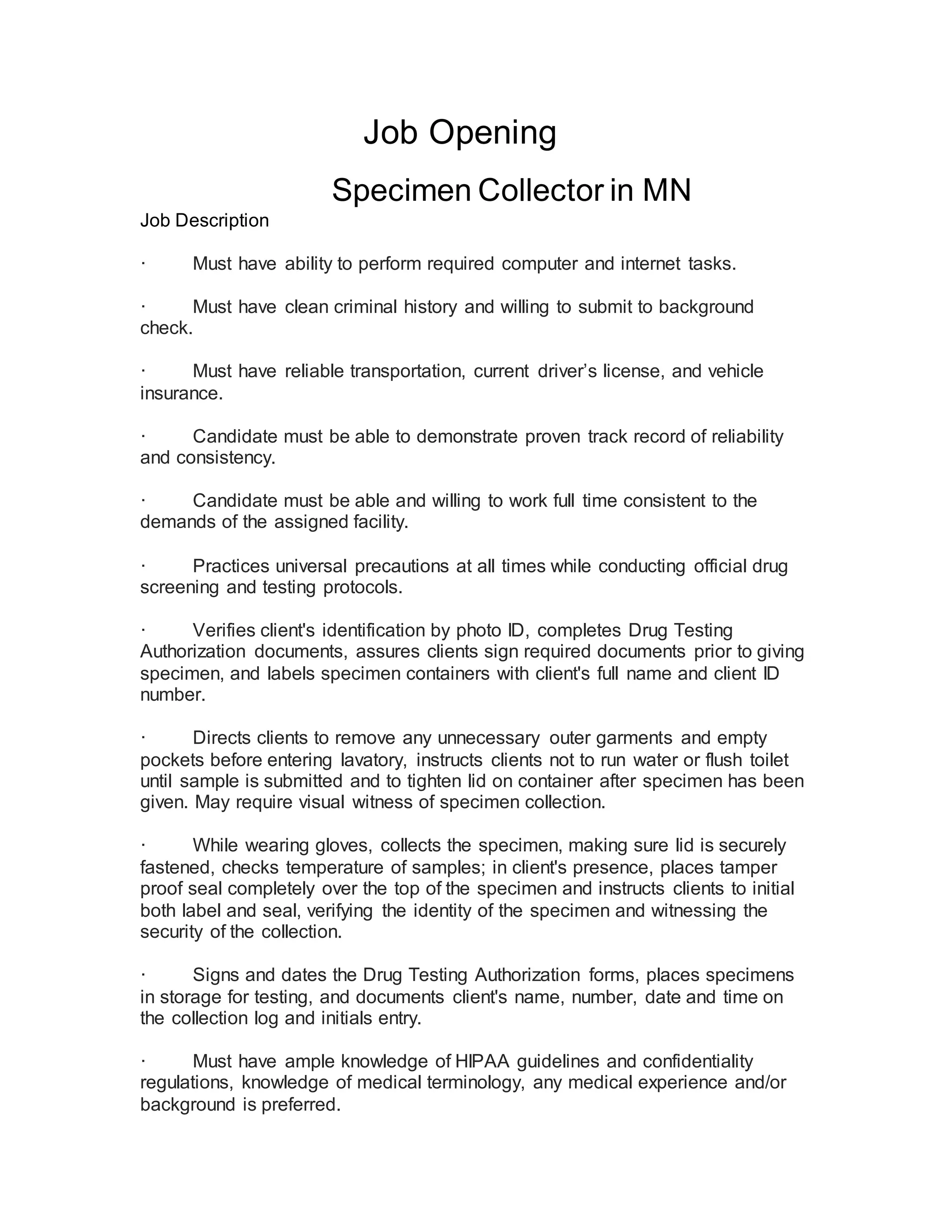 Specimen Collector Job Description PDF