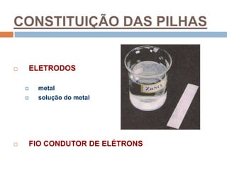 CONSTITUIÇÃO DAS PILHAS
 ELETRODOS
 metal
 solução do metal
 FIO CONDUTOR DE ELÉTRONS
 