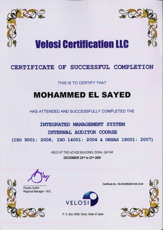 Internal Aduit Certificate Velosi Crt