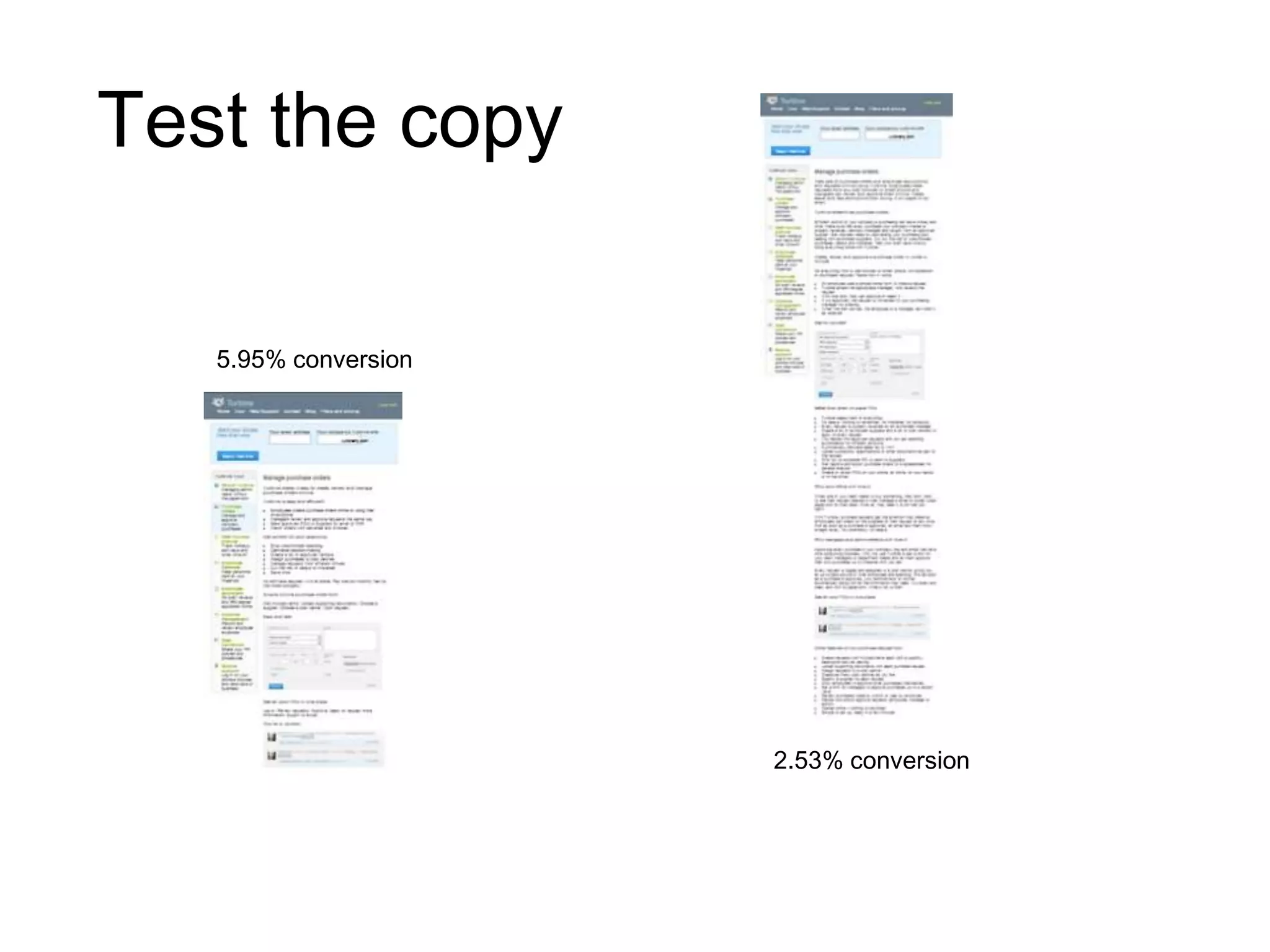 Test the copy
5.95% conversion
2.53% conversion
 