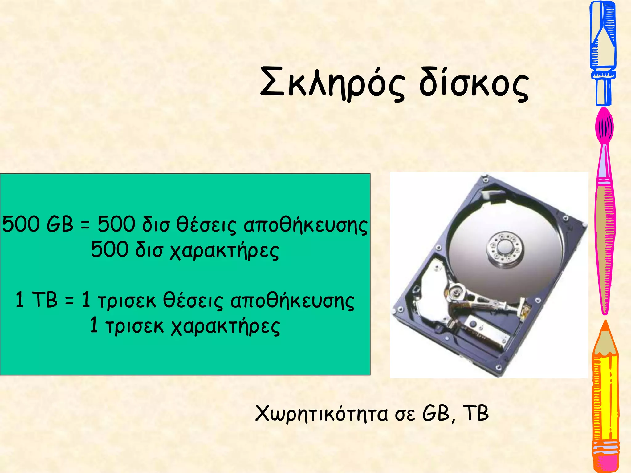 Σκληρός δίσκος
500 GΒ = 500 δισ θέσεις αποθήκευσης
500 δισ χαρακτήρες
1 ΤΒ = 1 τρισεκ θέσεις αποθήκευσης
1 τρισεκ χαρακτήρες
Χωρητικότητα σε GB, TB
 