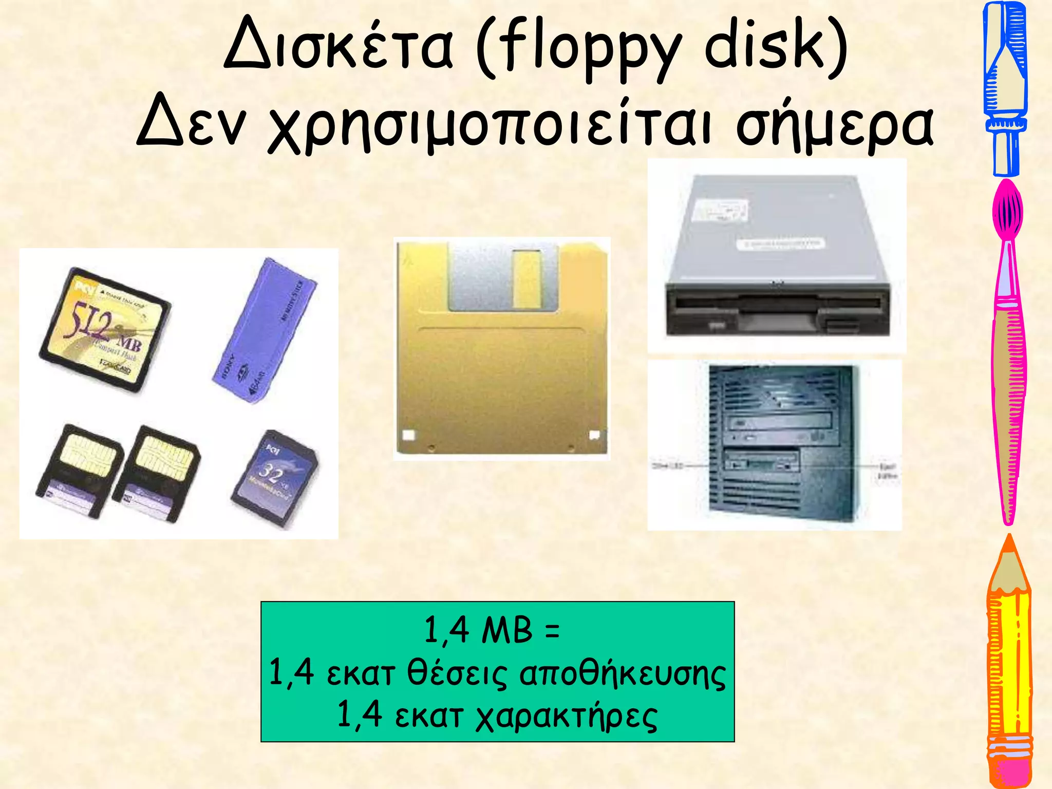 Δισκέτα (floppy disk)
Δεν χρησιμοποιείται σήμερα
1,4 ΜΒ =
1,4 εκατ θέσεις αποθήκευσης
1,4 εκατ χαρακτήρες
 