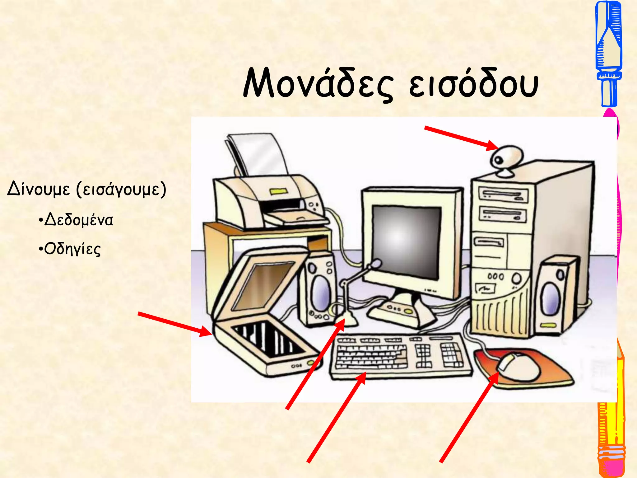 Μονάδες εισόδου
Δίνουμε (εισάγουμε)
•Δεδομένα
•Οδηγίες
 