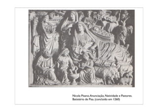 Nicola Pisano. Anunciação, Natividade e Pastores.
Batistério de Pisa. (concluído em 1260)
 