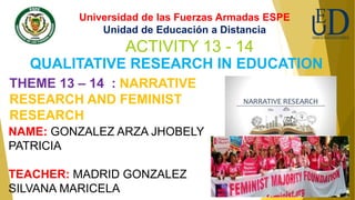 Universidad de las Fuerzas Armadas ESPE
Unidad de Educación a Distancia
QUALITATIVE RESEARCH IN EDUCATION
THEME 13 – 14 : NARRATIVE
RESEARCH AND FEMINIST
RESEARCH
ACTIVITY 13 - 14
NAME: GONZALEZ ARZA JHOBELY
PATRICIA
TEACHER: MADRID GONZALEZ
SILVANA MARICELA
 