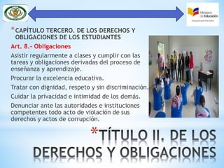 *
*CAPÍTULO TERCERO. DE LOS DERECHOS Y
OBLIGACIONES DE LOS ESTUDIANTES
Art. 8.- Obligaciones
Asistir regularmente a clases y cumplir con las
tareas y obligaciones derivadas del proceso de
enseñanza y aprendizaje.
Procurar la excelencia educativa.
Tratar con dignidad, respeto y sin discriminación.
Cuidar la privacidad e intimidad de los demás.
Denunciar ante las autoridades e instituciones
competentes todo acto de violación de sus
derechos y actos de corrupción.
 